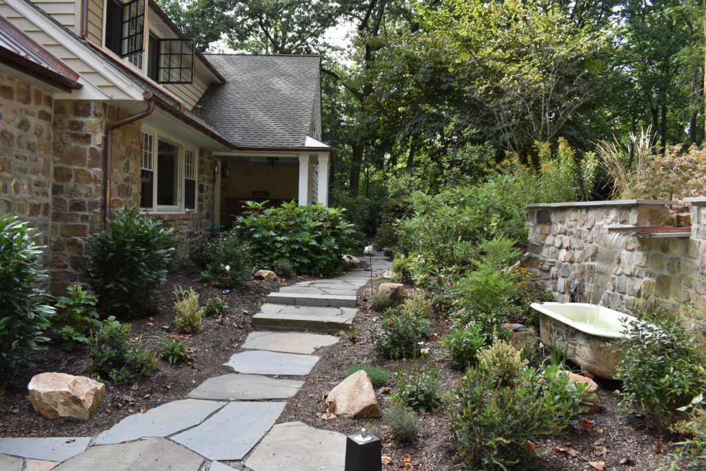 Falgstone walkway with shrubs and antique bathtub